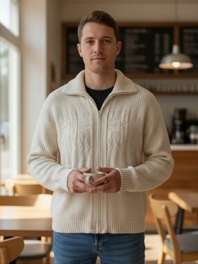 Vtg Cream Zip-Front Knit Sweater with Pockets Sz L